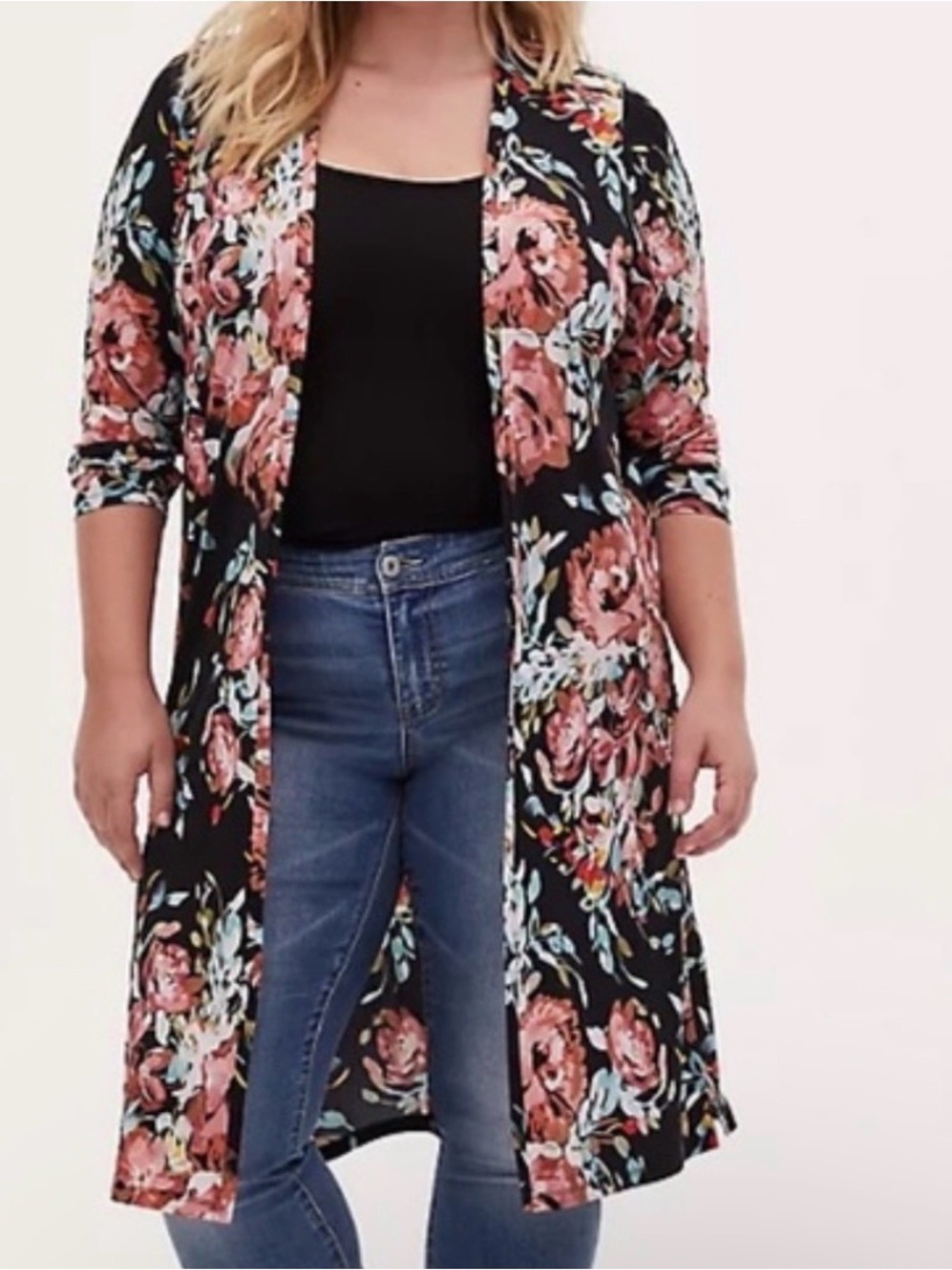 Torrid Black Floral Open Front Longline Kimono Jacket Romantic Goth Rockabilly